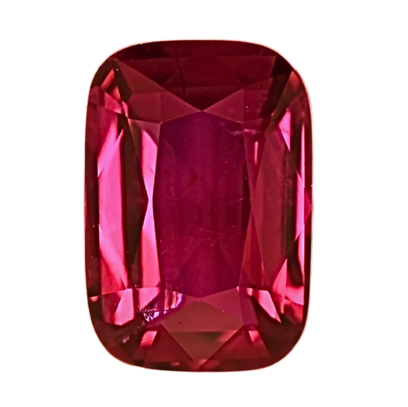Cushion-cut ruby gemstone, vivid red, faceted square shape