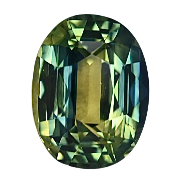 Oval bi-color sapphire gemstone, faceted dark green and blue tones