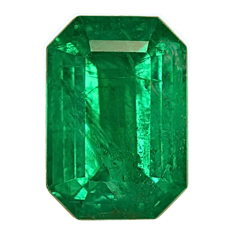 Green emerald-cut gemstone with step facets and octagonal outline, 3.30 carat