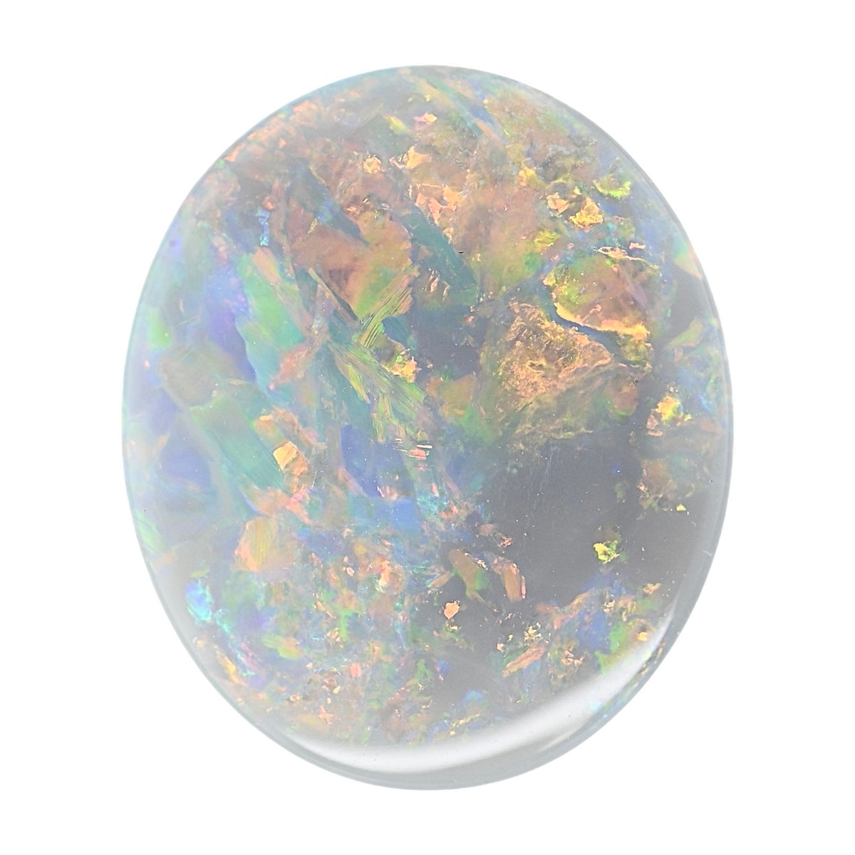 Oval gray opal cabochon with iridescent blue-green and orange flash