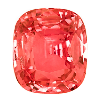 Cushion-cut padparadscha sapphire, bright red-orange faceted gemstone close-up