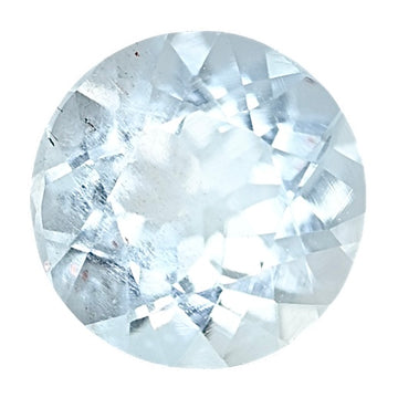 Round aquamarine gemstone, light blue faceted stone, close-up view