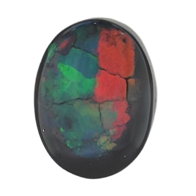 Oval black opal cabochon with red and green color play