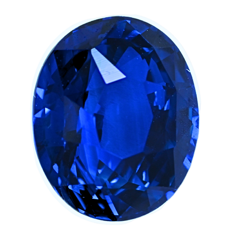 Oval-cut blue sapphire gemstone close-up, faceted surface view.