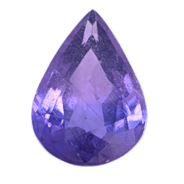 Large pear-shaped purple sapphire with deep blue-violet sparkle, close-up facets.