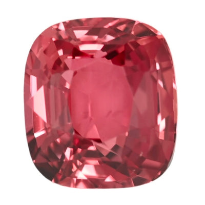 Cushion-cut padparadscha sapphire gemstone, pink-orange glossy facets