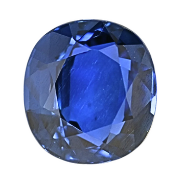 Round faceted blue sapphire gemstone, vivid blue with dark facets