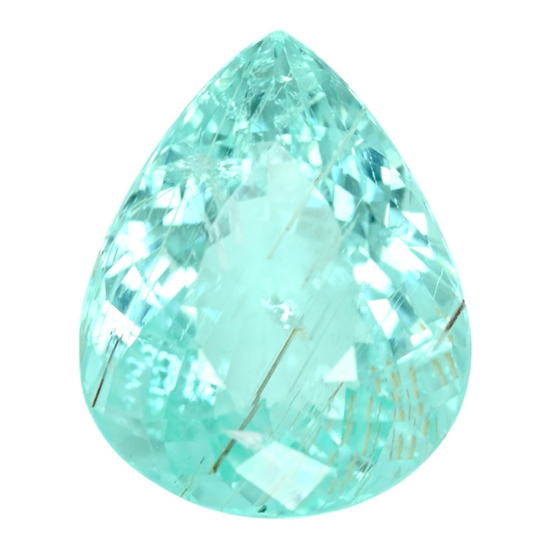 Paraiba tourmaline gemstone, pear-cut, turquoise blue, faceted sparkle