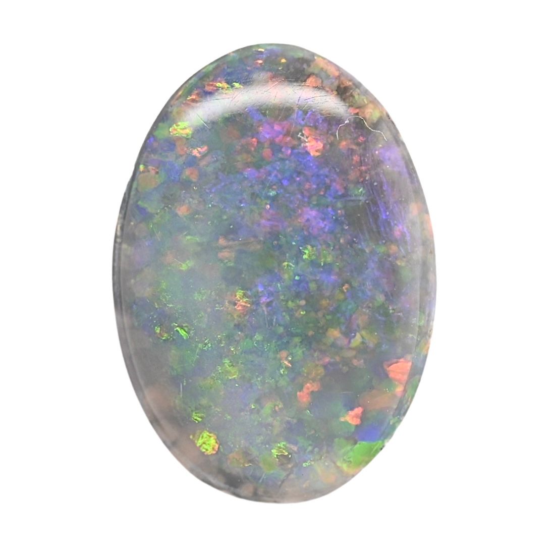 Gray Australian opal oval cabochon with colorful rainbow flashes