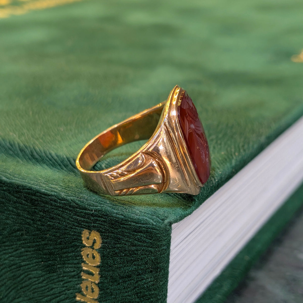 10k yellow gold signet ring with red oval intaglio face, engraved border detail