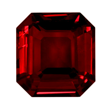 Emerald-cut ruby gemstone with step facets, dark red
