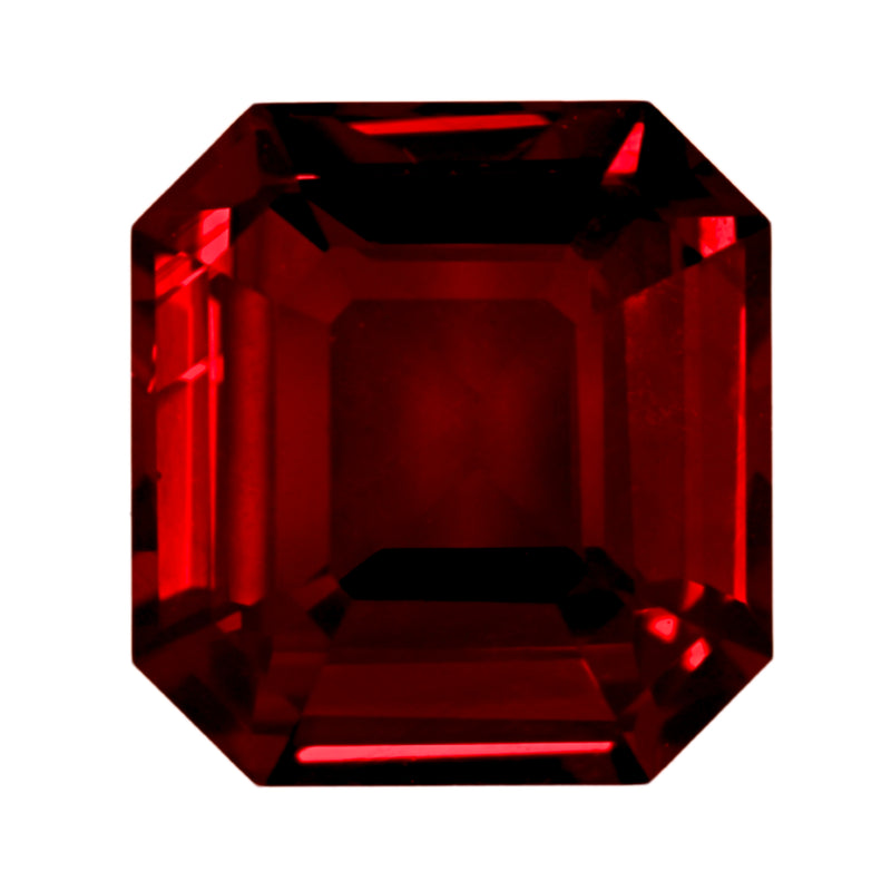 Emerald-cut ruby gemstone with step facets, dark red