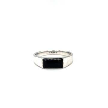 Sterling silver onyx signet ring with rectangular black stone and AVRAH engraving