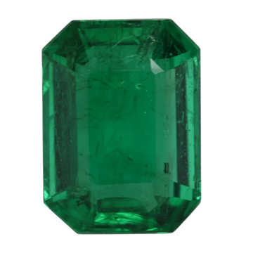 Green emerald-cut gemstone with flat step facets, octagonal outline