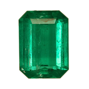 Emerald-cut green gemstone with octagonal outline, rectangular step facets, 3.67 ct