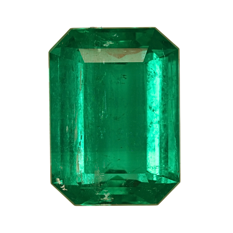 Emerald-cut green gemstone with octagonal outline, rectangular step facets, 3.67 ct