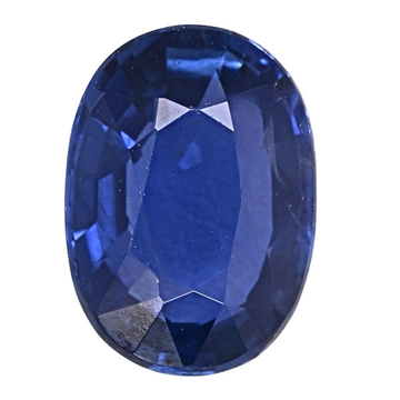 Oval blue sapphire gemstone with visible facet pattern, polished surface