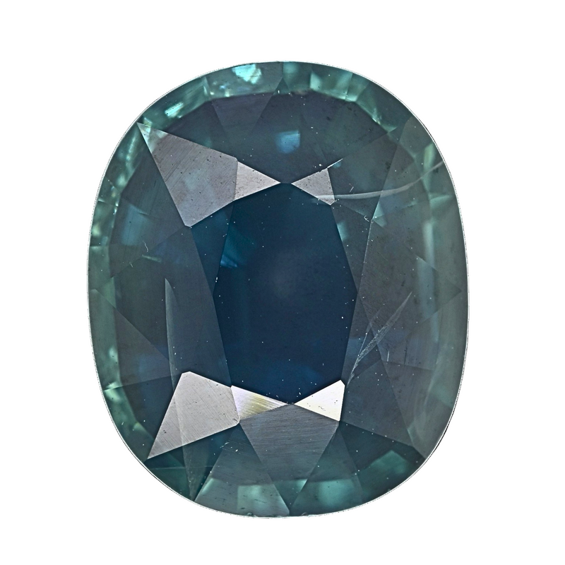 Round teal sapphire gemstone with faceted cut and prismatic reflections