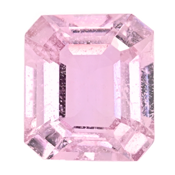 Close-up of pink emerald-cut sapphire with step facets and sparkle