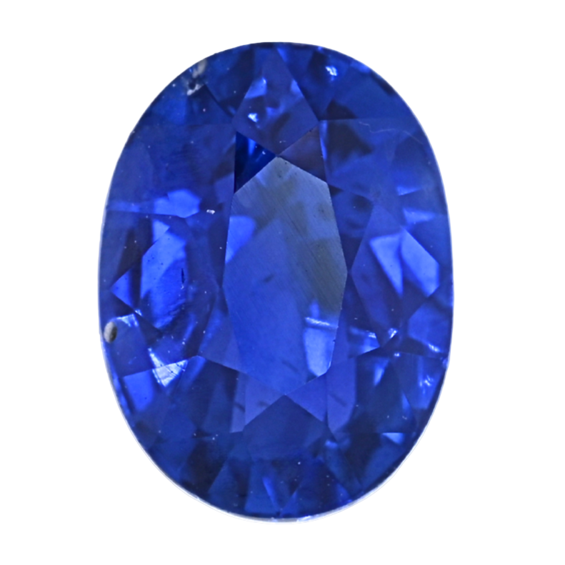 Oval blue sapphire gemstone with faceted cut and glossy reflective surface