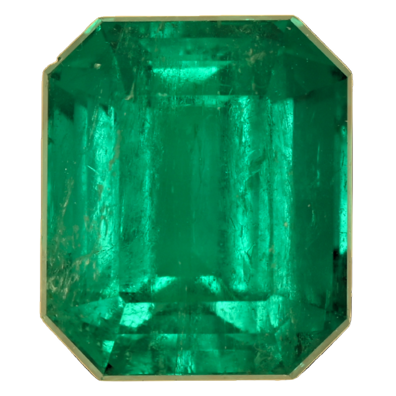 Emerald-cut green emerald gemstone, octagonal faceted shape