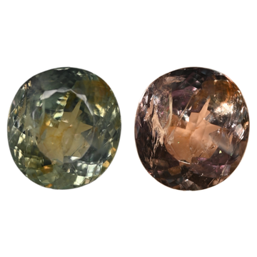 Pair of round faceted green and brownish gemstones, side-by-side