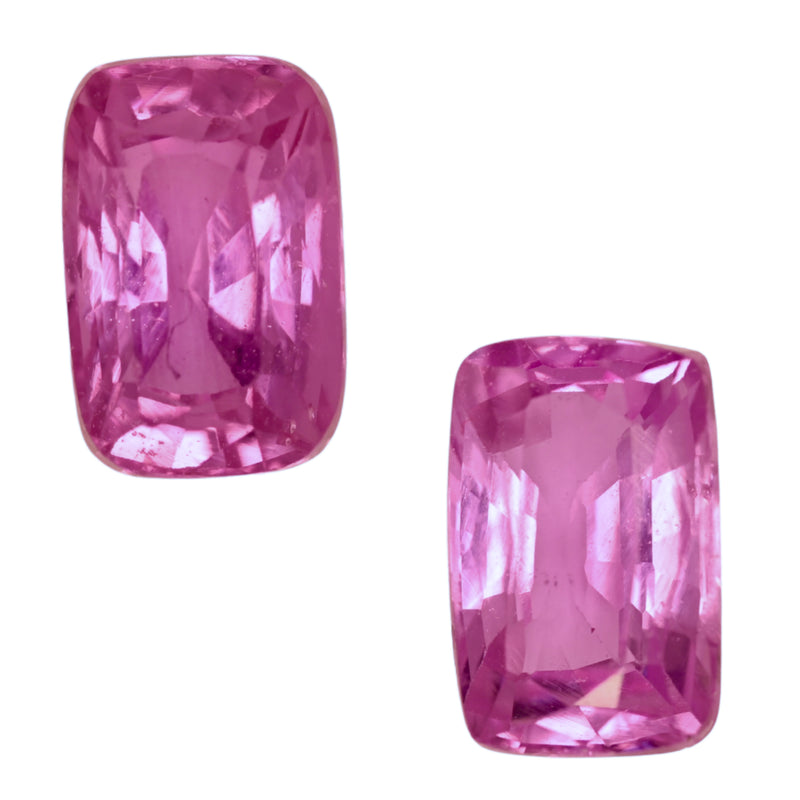 Pair of pink cushion-cut sapphire gemstones, faceted square shape