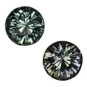 Pair of round teal sapphire gemstones, brilliant faceted stones