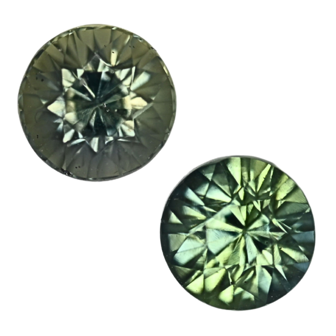 Teal sapphire pair, round brilliant faceted gemstones