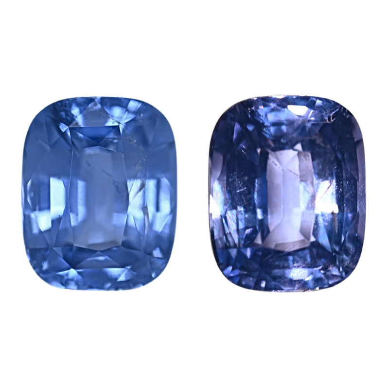 Pair of cushion-cut cobalt spinel gemstones, deep blue with violet flashes