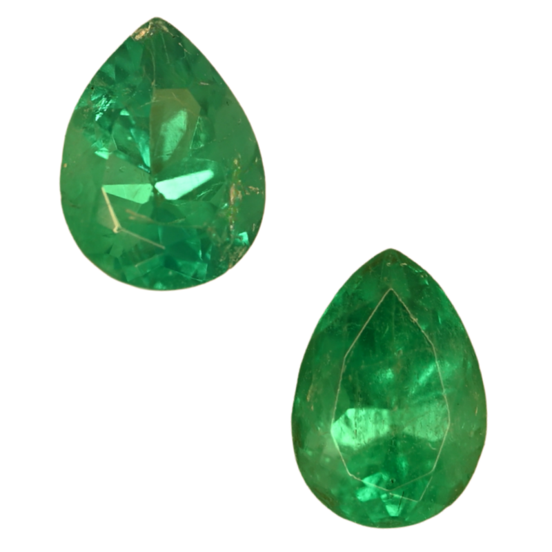 Pear-shaped green emerald gemstone pair, two faceted teardrop stones