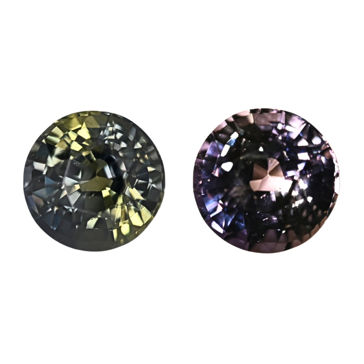 Round color-change sapphire gemstones, dark green to purple, faceted