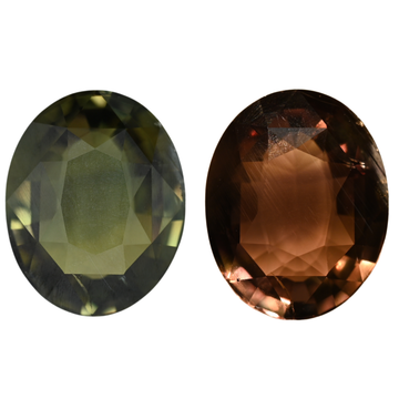 Oval faceted alexandrite gemstone, green-to-brown color change
