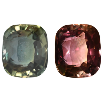 Cushion-cut alexandrite gemstones, green-gray and red-purple, pair view