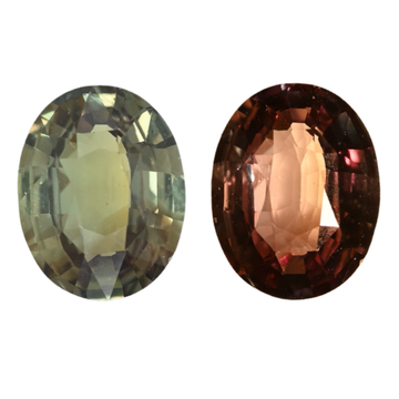 Oval-cut alexandrite gemstone, green with reddish-brown tones