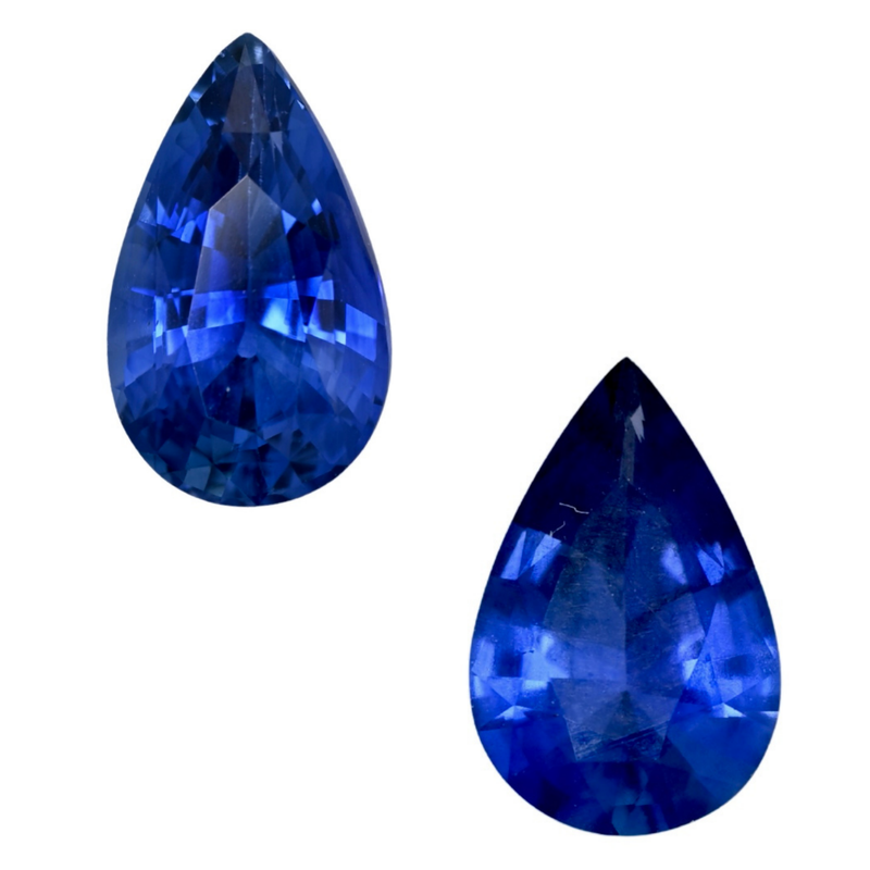 Pair of pear-cut blue sapphire gemstones, faceted teardrop pair