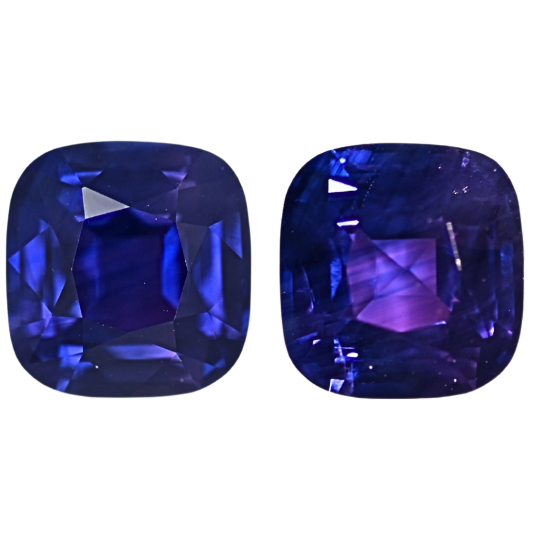 Cushion-cut sapphire gemstone with blue-to-purple color change and polished facets.