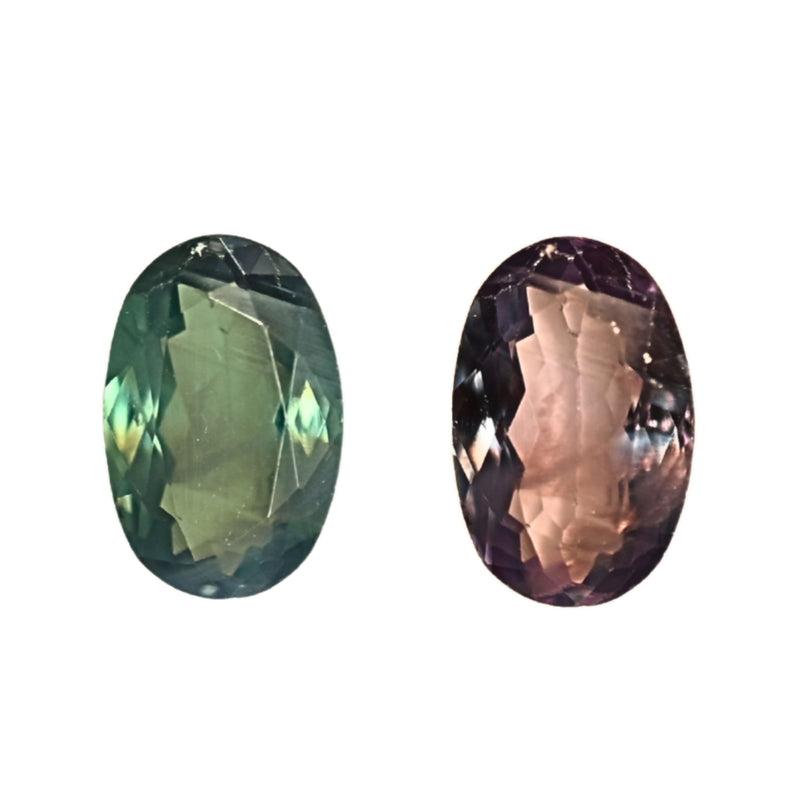 Oval faceted alexandrite gemstone in green and purple tones, split view