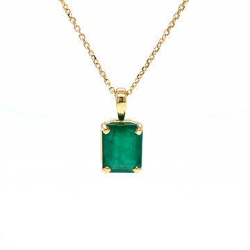 Square emerald pendant with green center stone, yellow gold prong setting and chain