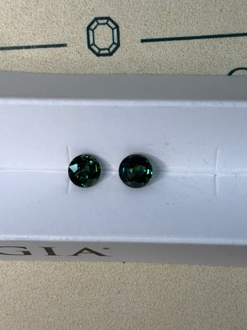 Round teal-blue green sapphire stud earrings, dark greenish blue