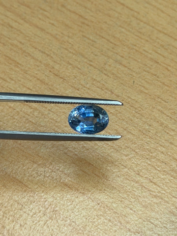 Oval blue sapphire gemstone, faceted, held in metal tweezers