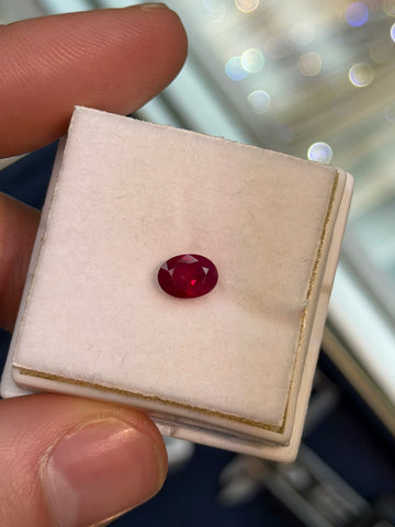 Oval ruby gemstone in dark red, on a beige display card