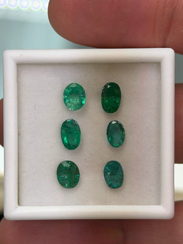 Six oval emerald gemstones, 3.35 ctw, in white display tray
