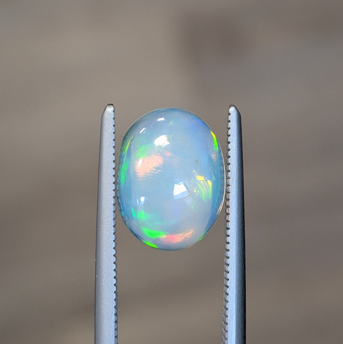 1.63ct Ethiopian opal closeout, oval light blue cabochon with rainbow iridescence
