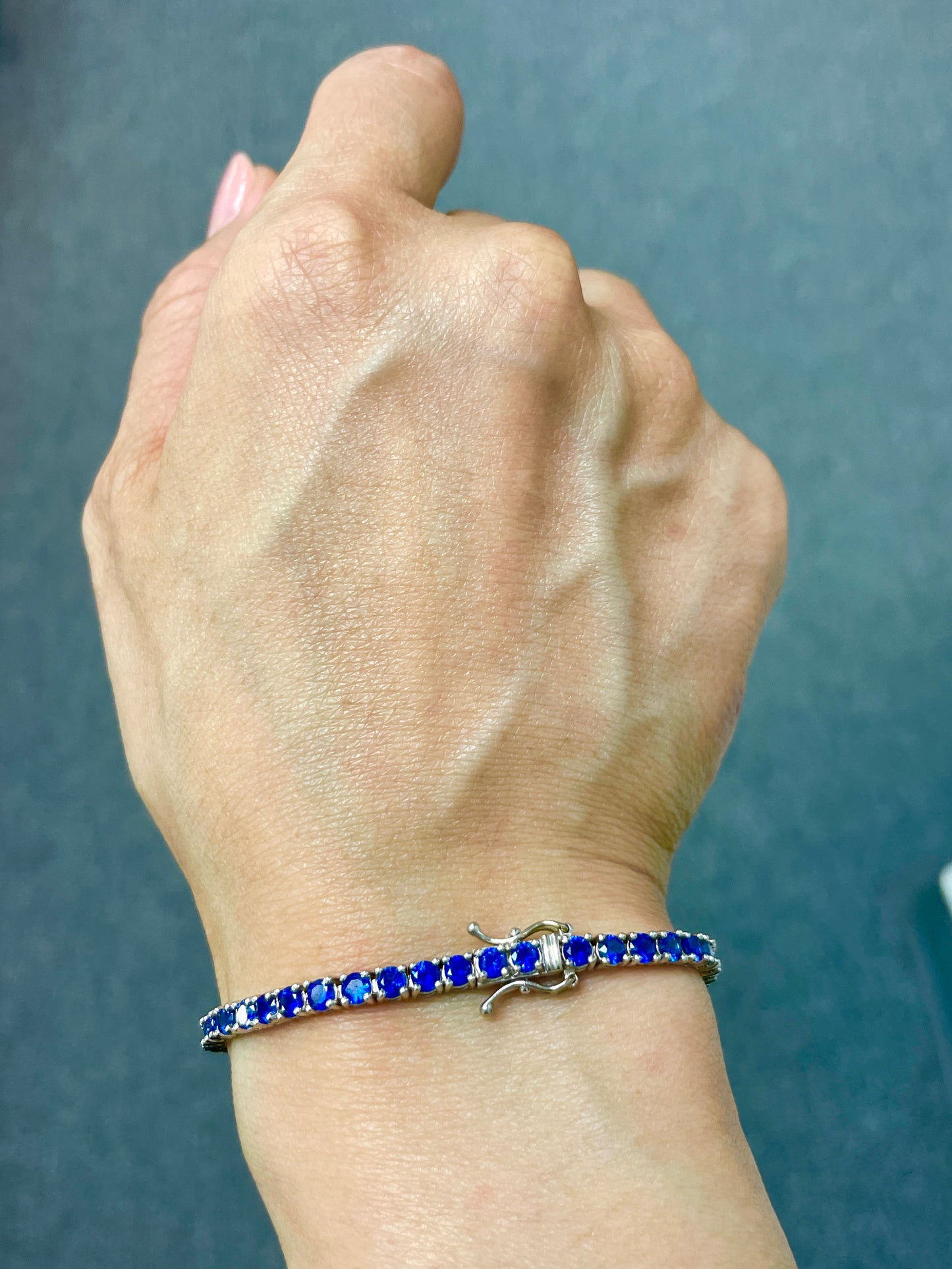 6.28 Carat Blue Sapphire Tennis Bracelet - 14k White Gold