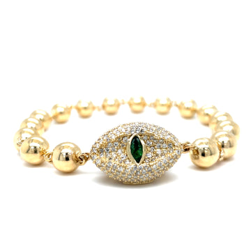 10k yellow gold diamond and emerald oval link bracelet with green teardrop center