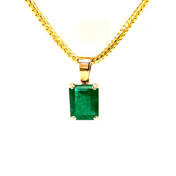 Rectangular green emerald pendant on 14k yellow gold link chain