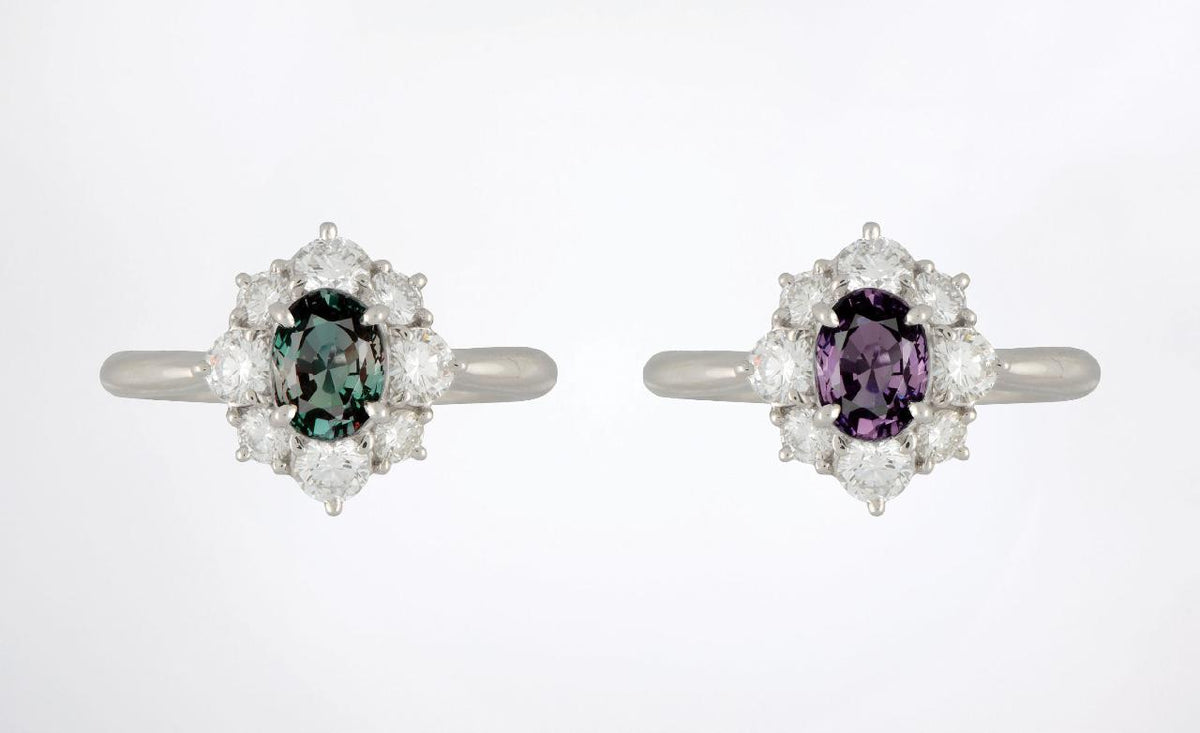 Alexandrite halo ring with green center stone and sparkling diamond-like surround
