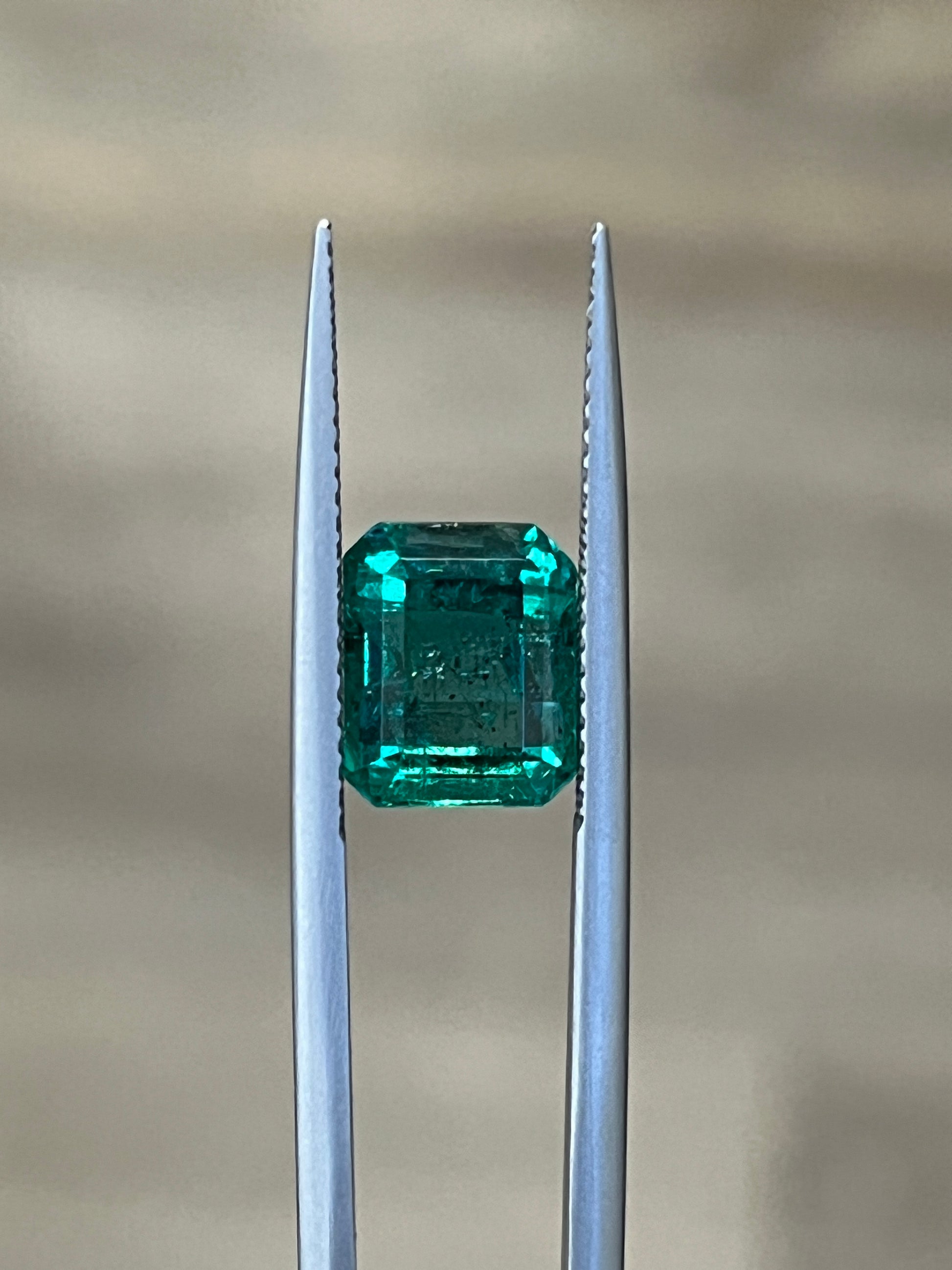 Emerald-cut green gemstone held between metal prongs, step-faceted