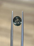 Oval-cut sapphire held between jeweler's tweezers, showing dark gray-green facets